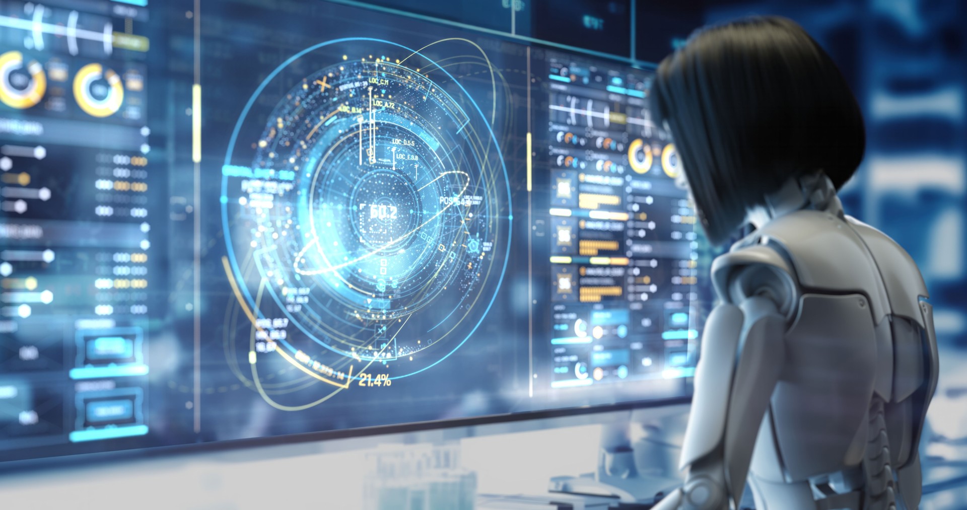 A cyborg scientist studies the structure of a robot on a computer.